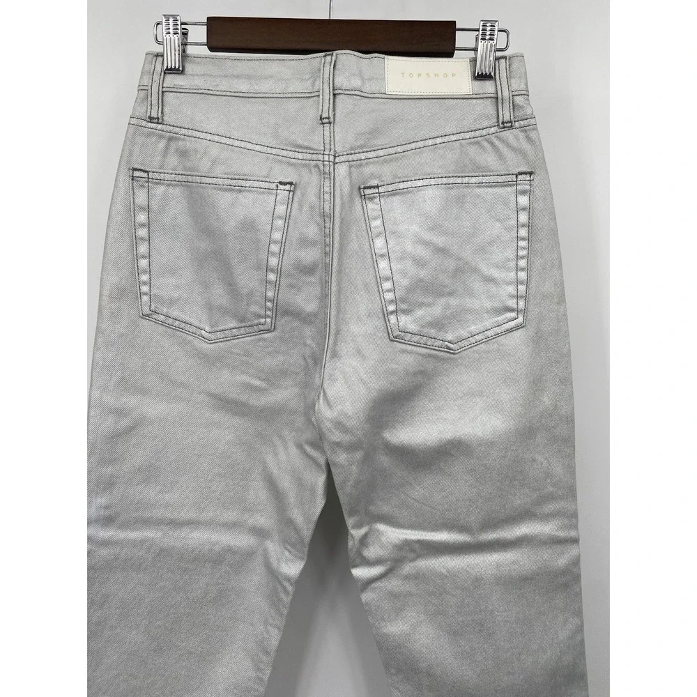 NWT Metallic silver‎ sparkly denim Top-shop straight jeans Size 28x32